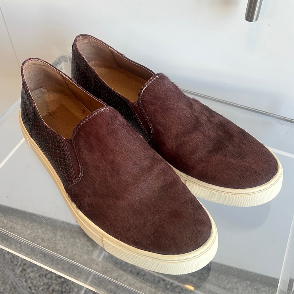Frye Ivy slip on sneakers. Burgundy wine pony hair snake embossed leather